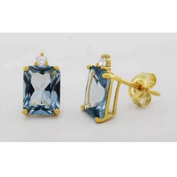 Created 3.50 Cts Aquamarine & White Sapphire Stud Earring .925 Silver - Picture 2 of 4